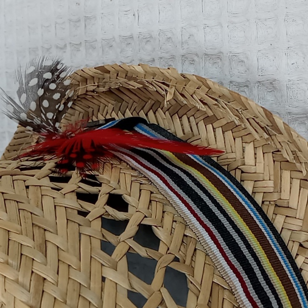 Peter Grimm Straw Pork Pie Hat w/Multi Color Crossgrain Band & Feather Accents - Picture 10 of 14